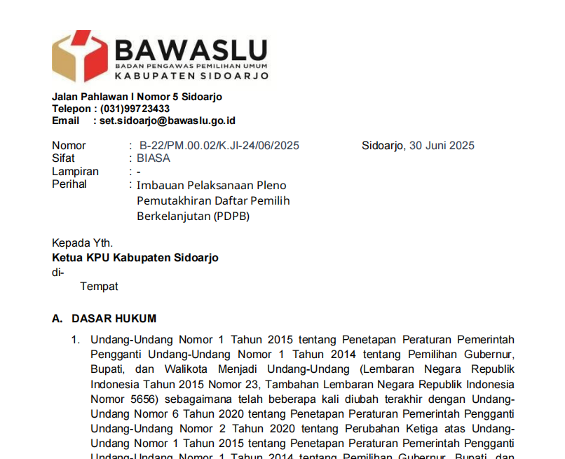 IMBAUAN BAWASLU SIDOARJO KEPADA KPU SIDOARJO PERIHAL PELAKSANAAN PLENO PEMUTAKHIRAN DATA PEMILIH BERKELANJUTAN (PDPB)