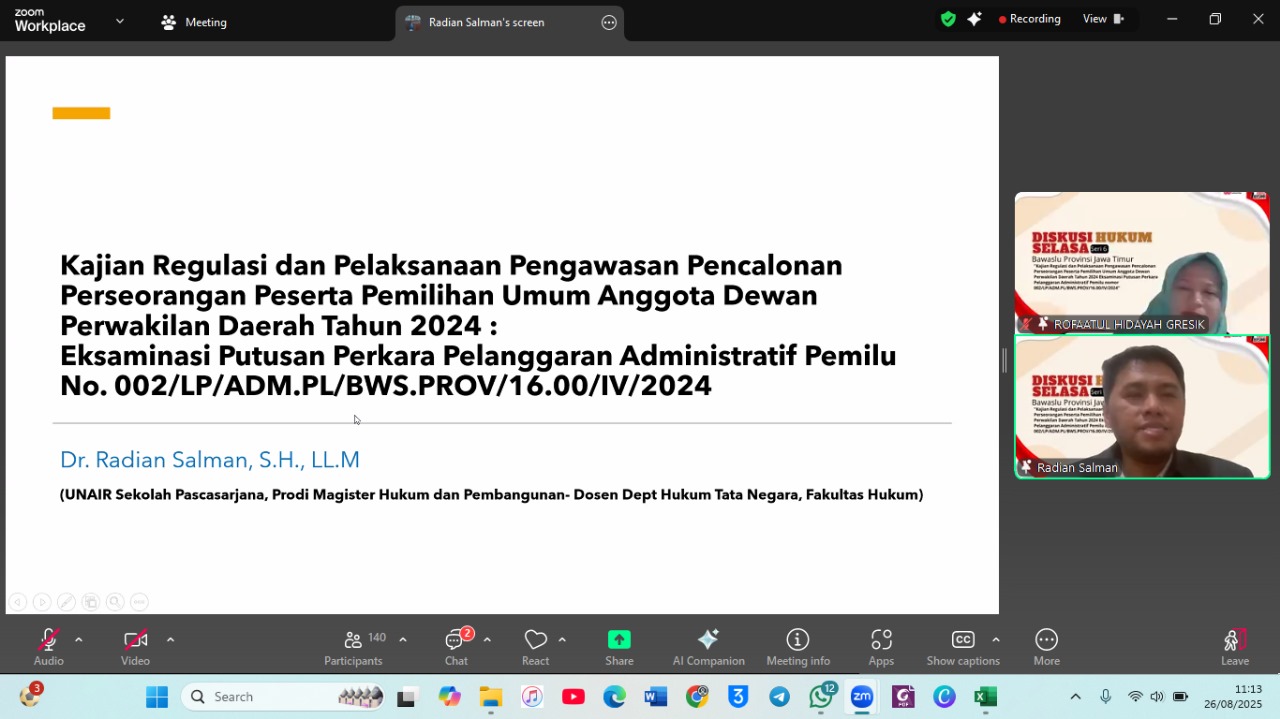 BAWASLU SIDOARJO HADIR SECARA DARING DALAM DISKUSI HUKUM BAWASLU JATIM DENGAN TEMA PENGAWASAN PENCALONAN PERSEORANGAN