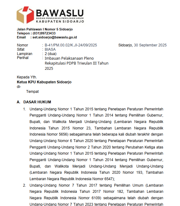 IMBAUAN BAWASLU SIDOARJO KEPADA KPU SIDOARJO BERKAITAN DENGAN PELAKSANAAN PLENO REKAPITULASI PDPB TRIWULAN III