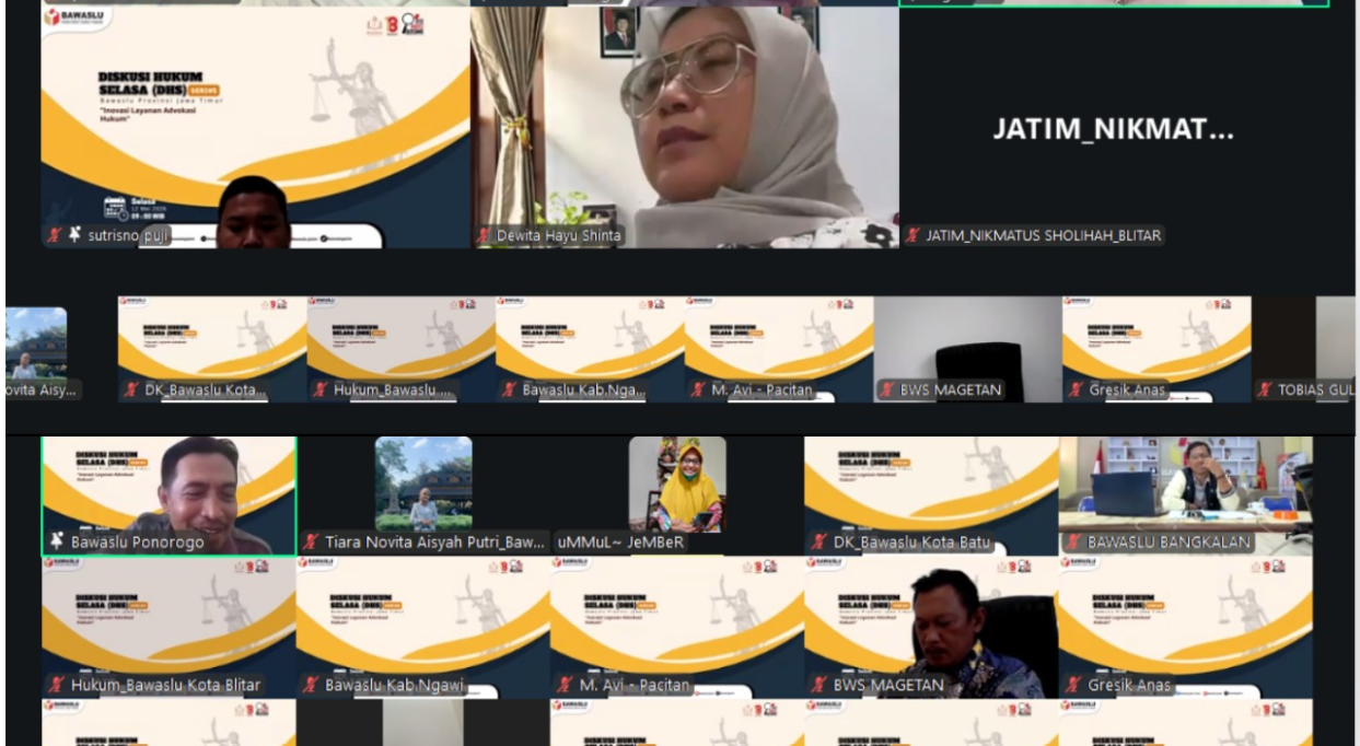 BAWASLU SIDOARJO HADIRI DISKUSI HUKUM BAWASLU JATIM TENTANG INOVASI LAYANAN ADVOKASI HUKUM SECARA DARING