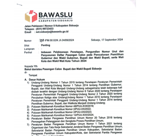 IMBAUAN BAWASLU SIDOARJO KEPADA BAPASLON/CALON TERKAIT PELAKSANAAN PENETAPAN, PENGUNDIAN NOMOR URUT DAN PENYUSUNAN DAFTAR PASANGAN CALON BUPATI DAN WAKIL BUPATI SIDOARJO