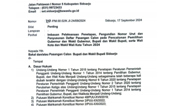 IMBAUAN BAWASLU SIDOARJO KEPADA BAPASLON/CALON TERKAIT PELAKSANAAN PENETAPAN, PENGUNDIAN NOMOR URUT DAN PENYUSUNAN DAFTAR PASANGAN CALON BUPATI DAN WAKIL BUPATI SIDOARJO