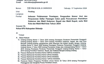 IMBAUAN BAWASLU SIDOARJO KEPADA KPU SIDOARJO TERKAIT PELAKSANAAN PENETAPAN, PENGUNDIAN NOMOR URUT DAN PENYUSUNAN DAFTAR PASANGAN CALON BUPATI DAN WAKIL BUPATI SIDOARJO TAHUN 2024 