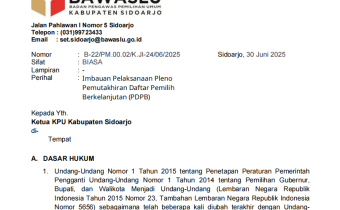 IMBAUAN BAWASLU SIDOARJO KEPADA KPU SIDOARJO PERIHAL PELAKSANAAN PLENO PEMUTAKHIRAN DATA PEMILIH BERKELANJUTAN (PDPB)