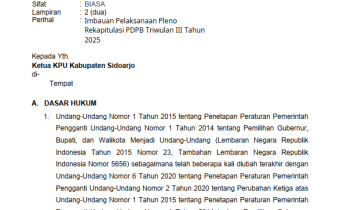 IMBAUAN BAWASLU SIDOARJO KEPADA KPU SIDOARJO BERKAITAN DENGAN PELAKSANAAN PLENO REKAPITULASI PDPB TRIWULAN III